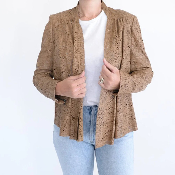 Alice +  Olivia Vanna Laser-Cut 100% Lamb Leather Tan Jacket Medium - Picture 2 of 14